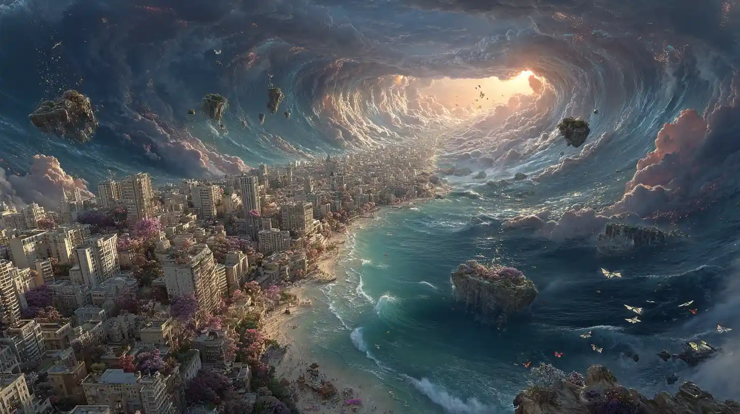 Sunlit Fantasy City Beneath Cracked Winter And Spring Clouds