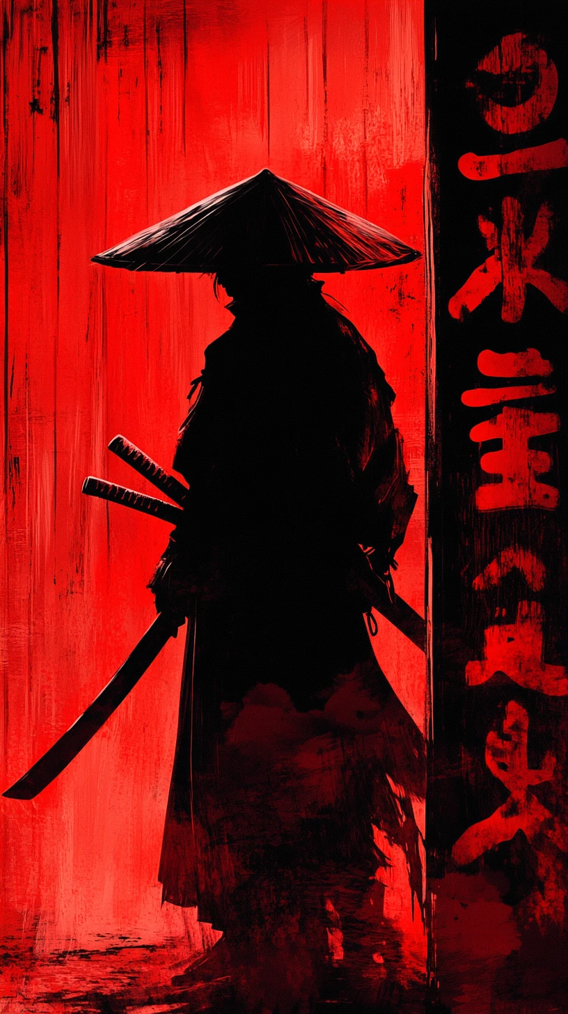 Silhueta de samurai solitário na luz vermelha diante de parede com kanji