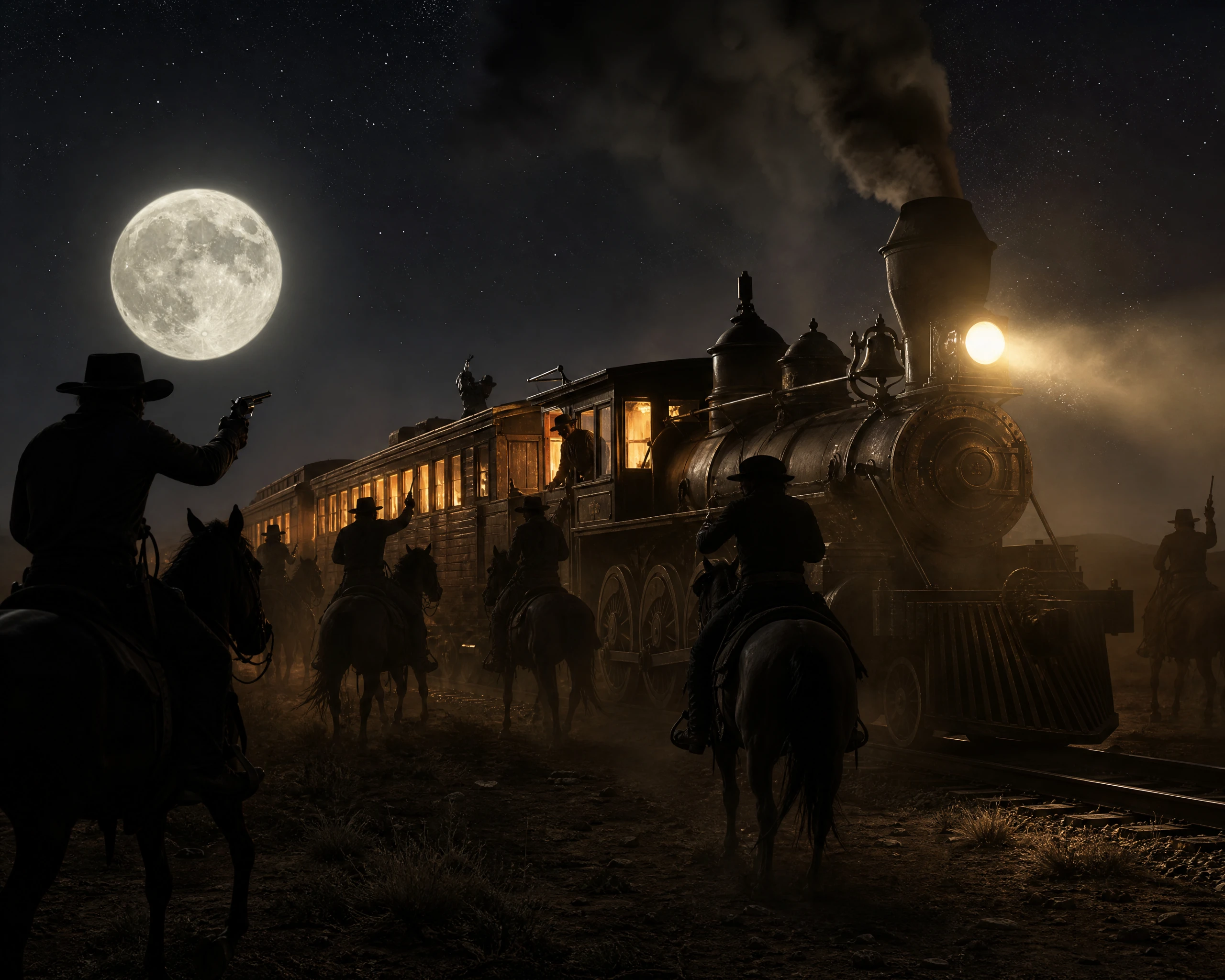 Assalto a un treno a vapore nel West sotto una luminosa luna piena