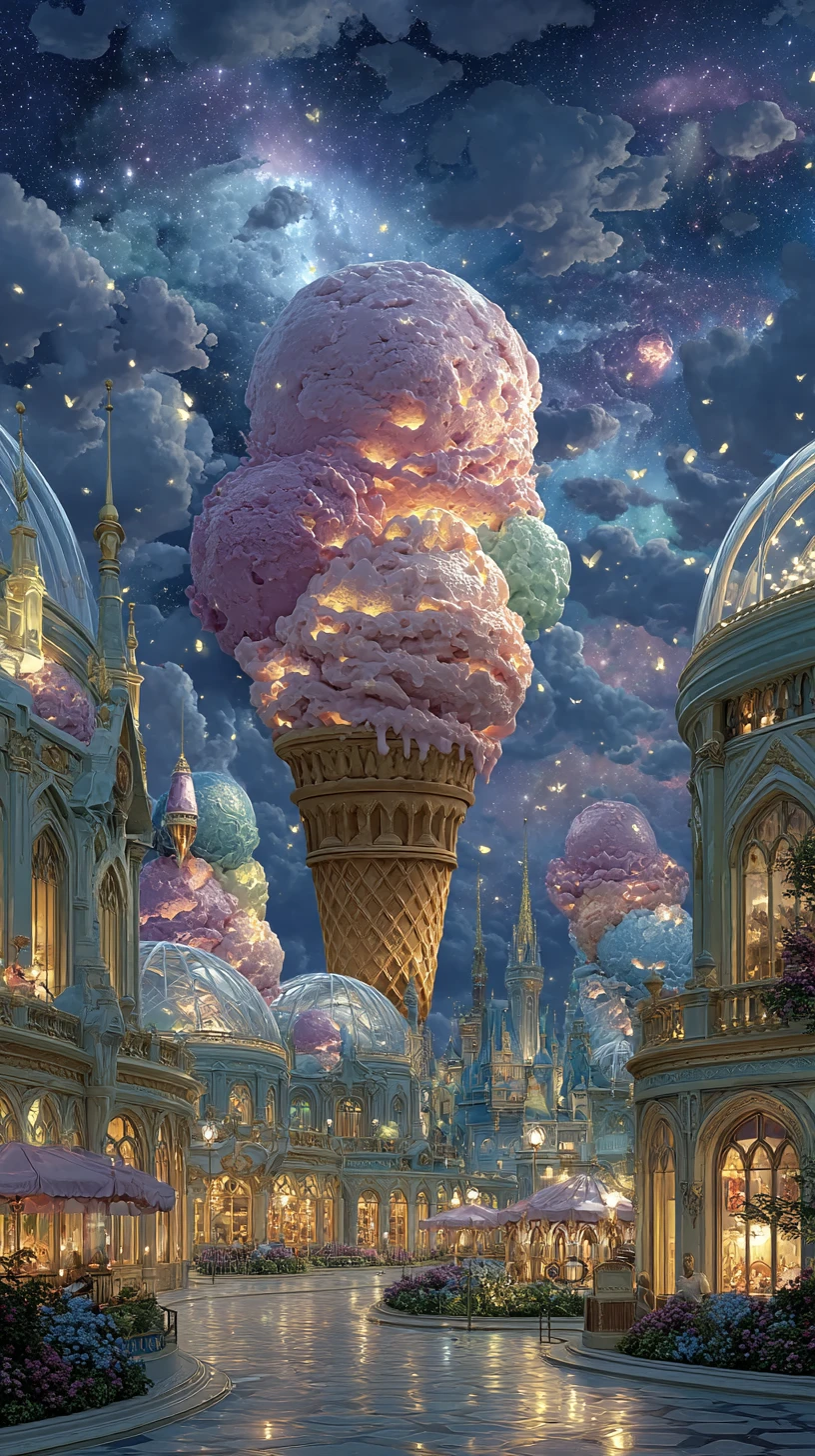 Surreales Eisdielen-Observatorium unter einem leuchtenden Nachthimmel