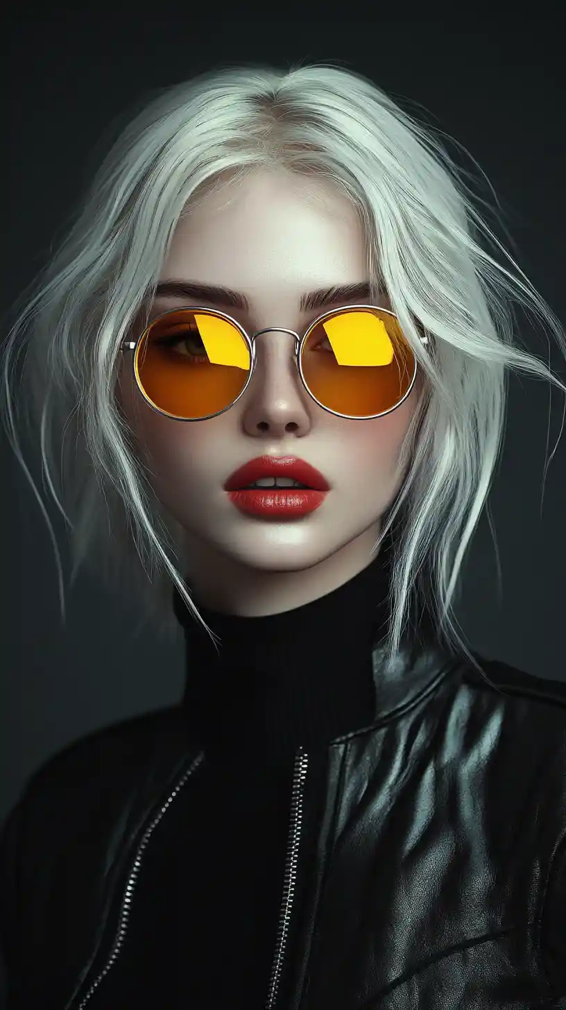 Stilvolle blonde Frau mit Sonnenbrille und schwarzer Lederjacke