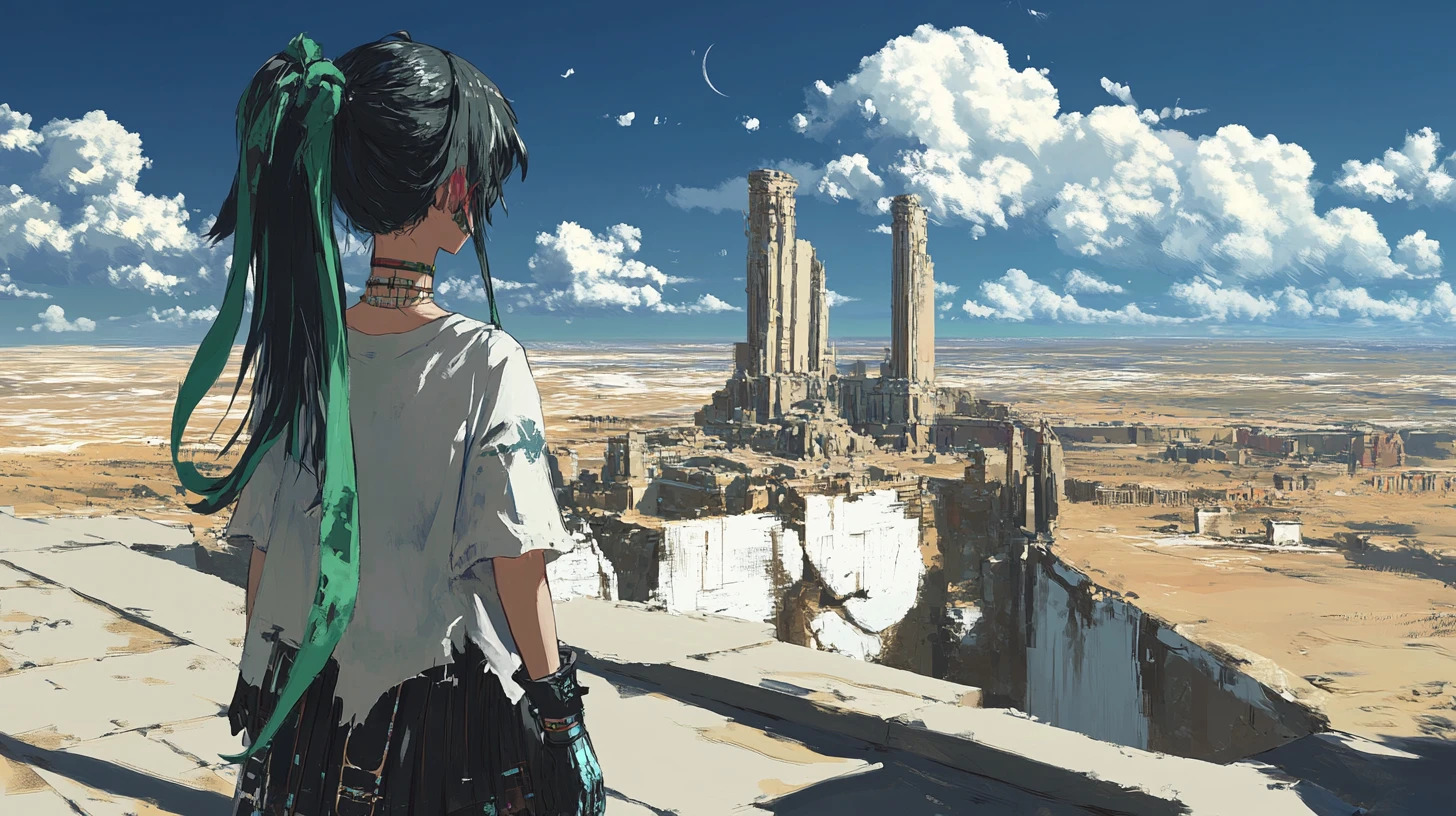 Garota de anime na varanda de uma torre em ruínas sob estrelas do deserto