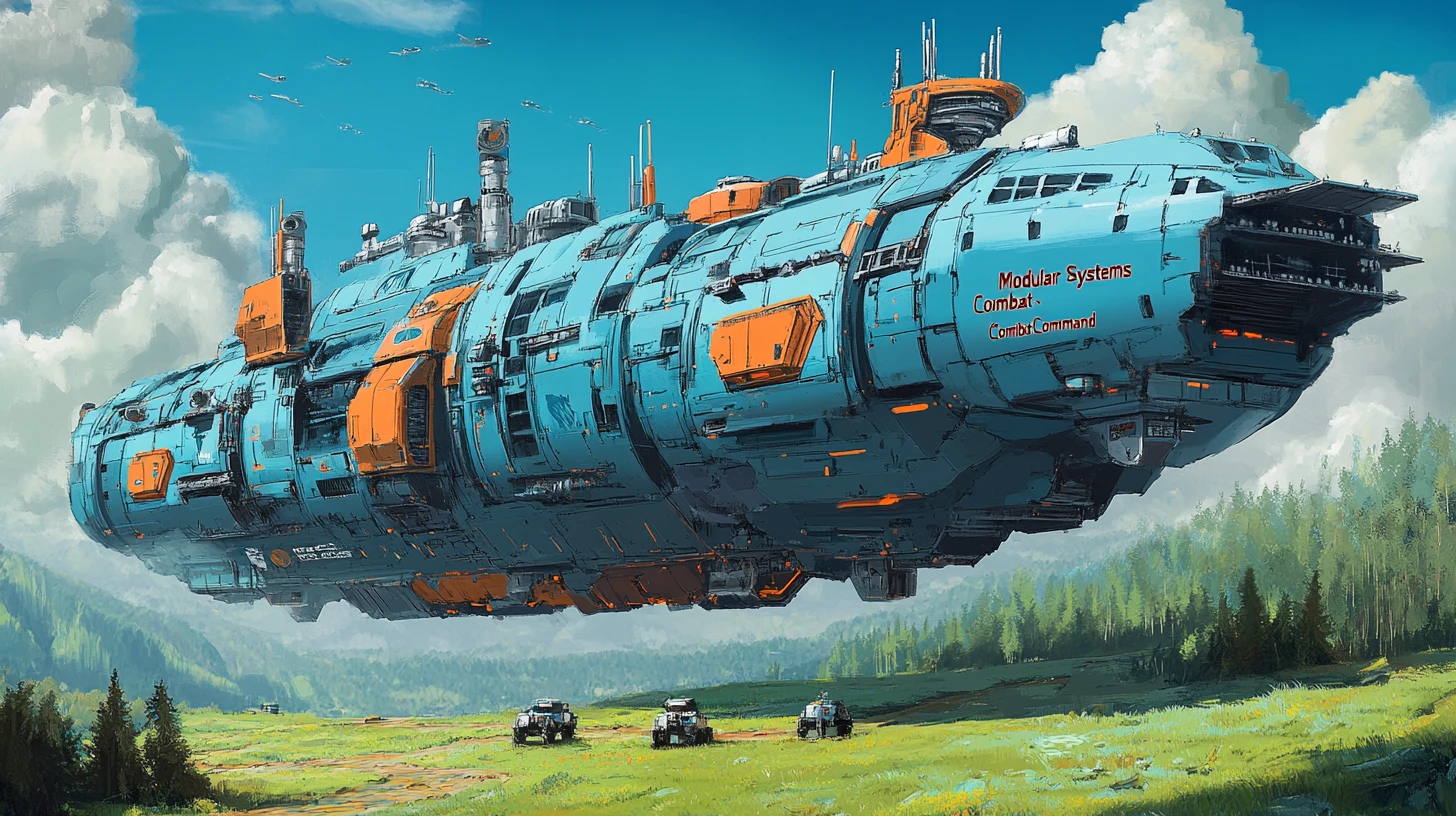 Enorme Nave Estelar de Carga Modular Aterrizando en una Pradera Alienígena