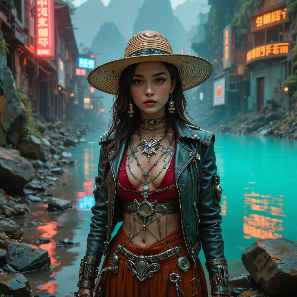 Warrior heroine by neon jungle lake in cinematic rain