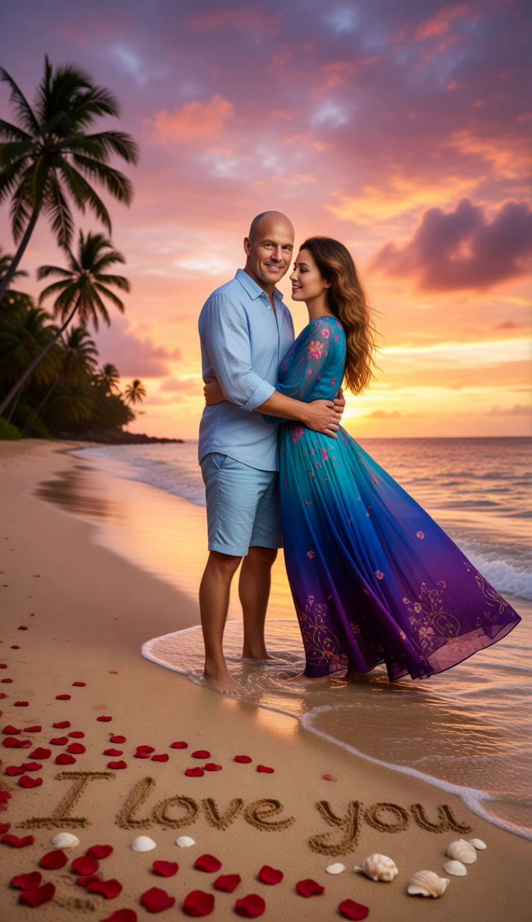 Loving couple embracing on a tropical beach at sunset