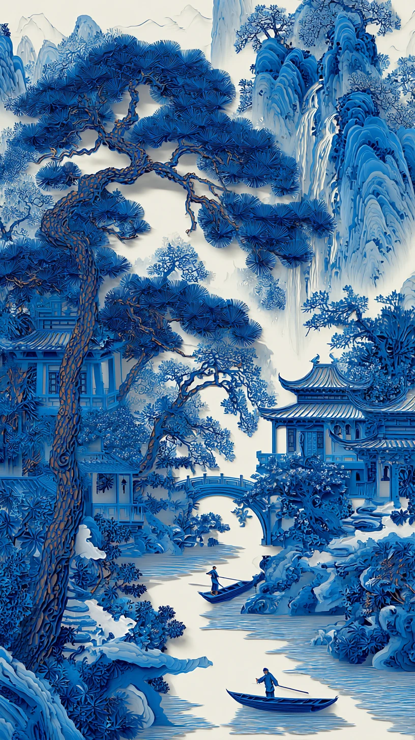 Arte em papel de paisagem chinesa azul e branca com barcos