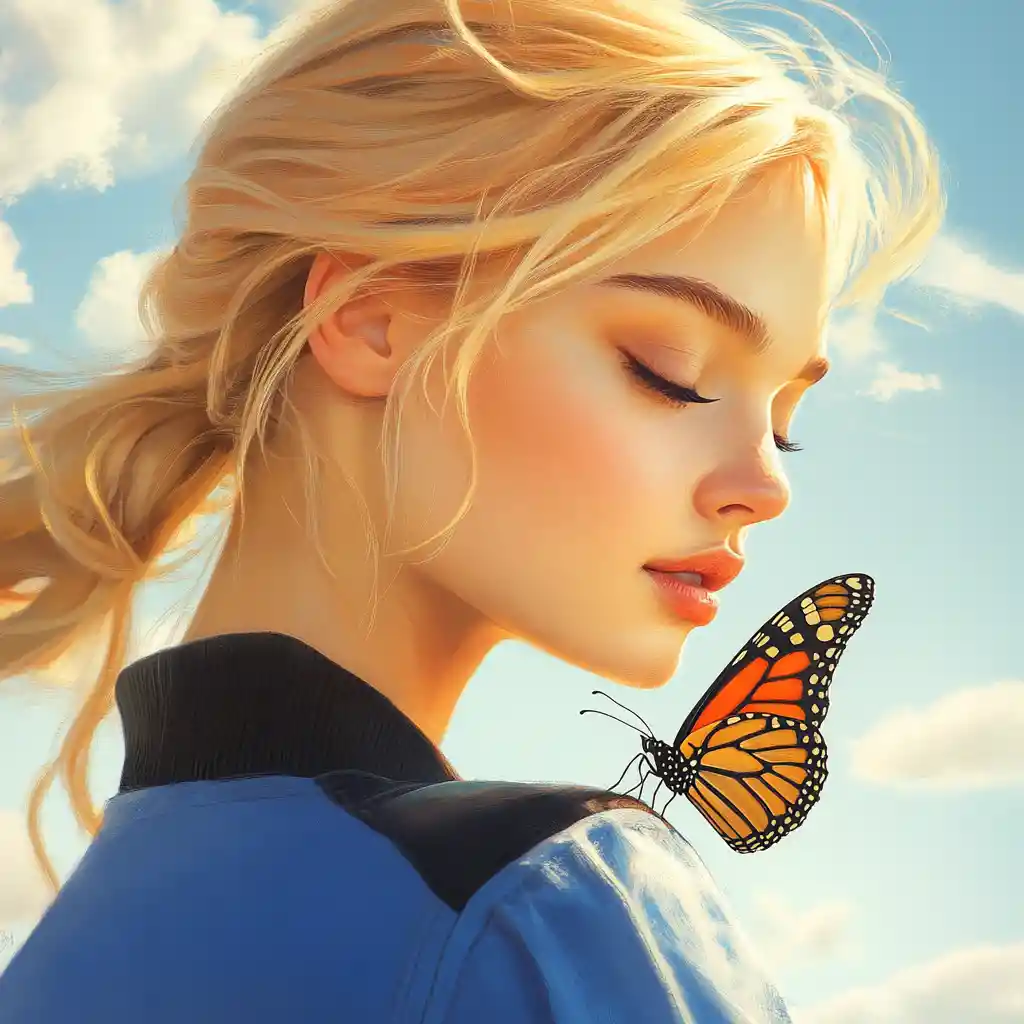 Woman in blue jacket with butterfly under morning sky