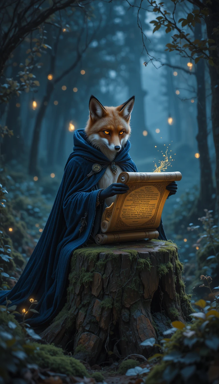 Raposa antropomórfica lendo um pergaminho em uma floresta luminosa