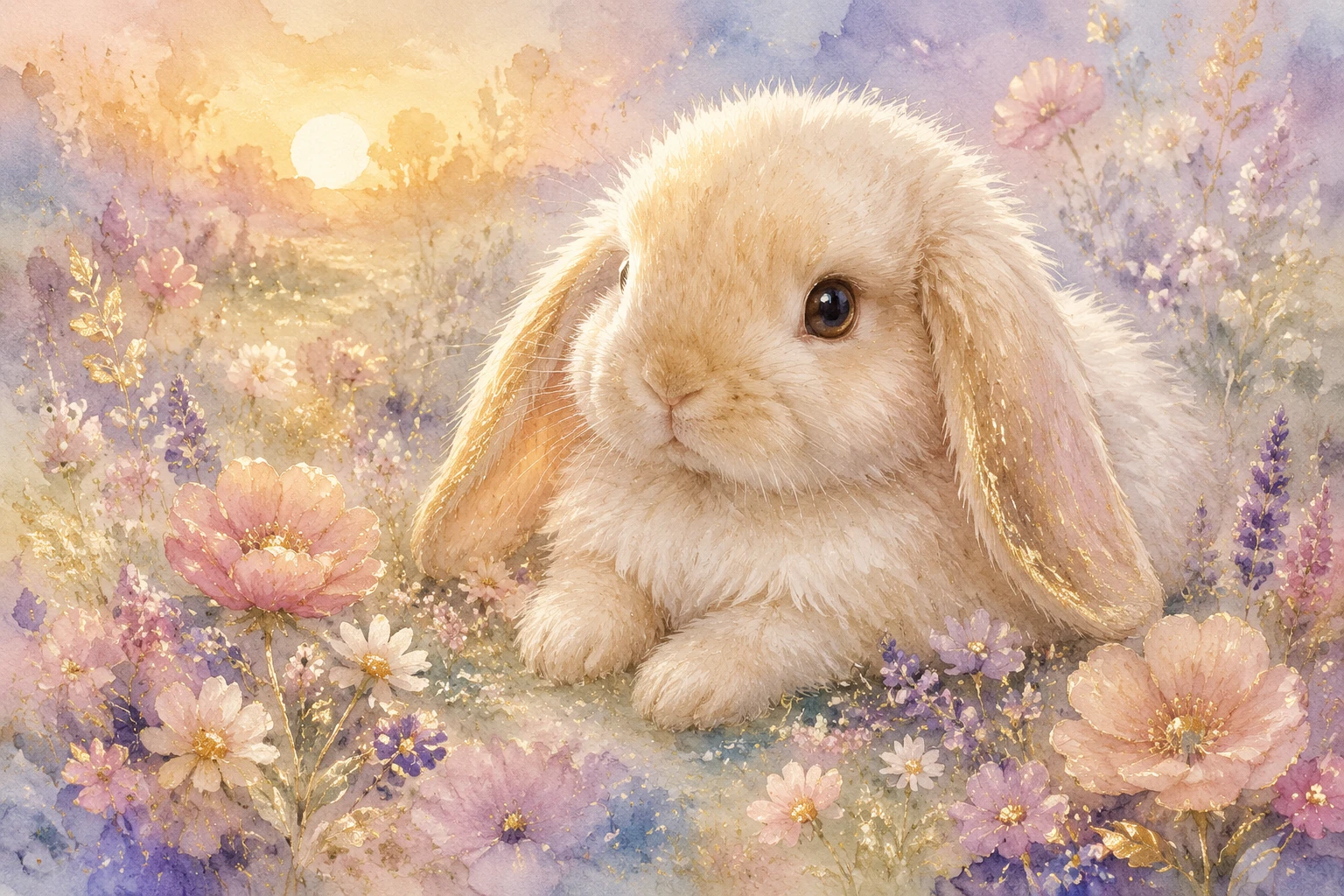 Coelhinho bebê em aquarela entre flores silvestres em tons pastéis