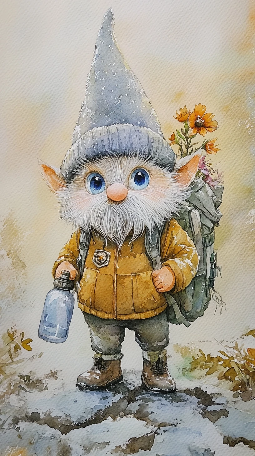 Adorable gnome avec sac à dos dans une scène enneigée à l’aquarelle