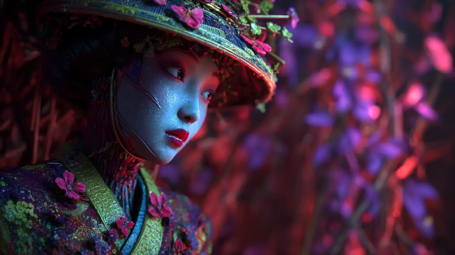 Mujer geisha alienígena bioingenierizada surreal en escena onírica