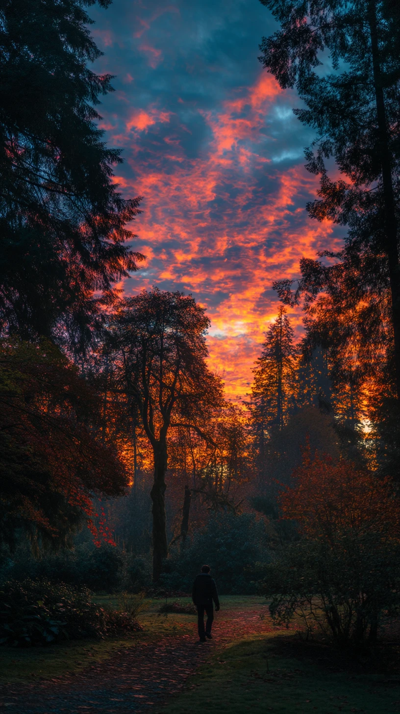 Ninja schleicht durch einen Herbstwald bei Sonnenuntergang