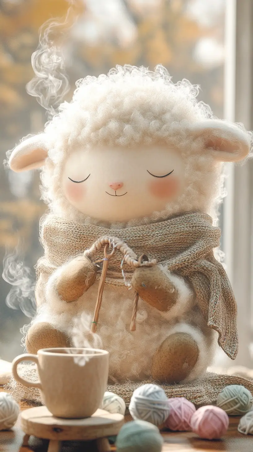 在溫馨房間裡打毛線的可愛擬人綿羊