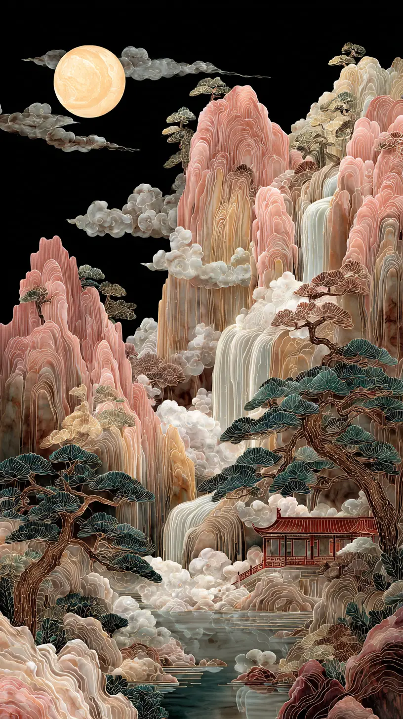 光輝月色下的珍珠母山中瀑布
