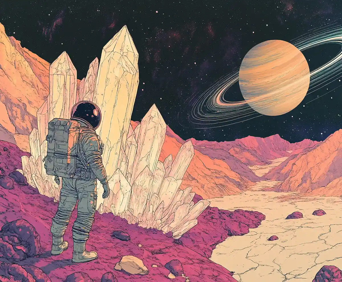 Astronaut in purpurroter Wüstenwelt vor leuchtendem Kristall