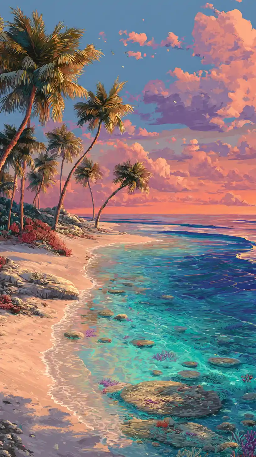 Tranquillo paesaggio 3D di spiaggia tropicale all'alba