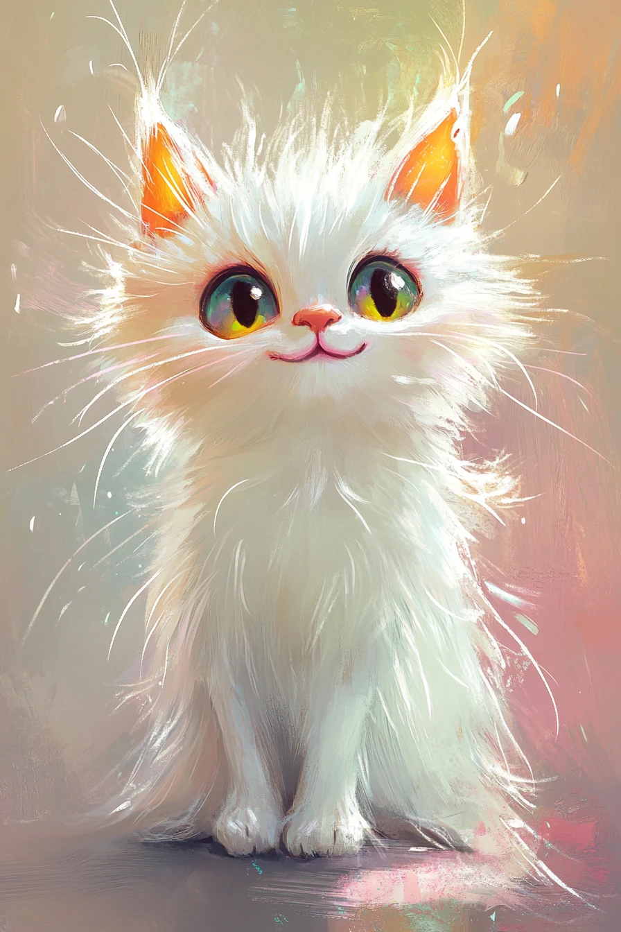 Chat duveteux fantaisiste aux grands yeux ronds brillants et expressifs