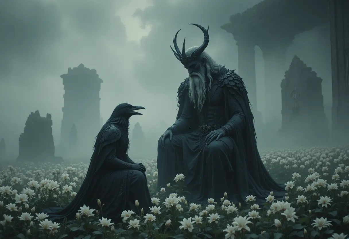 Incontro mitico nel tenebroso oltretomba avvolto nella nebbia con la dea della morte