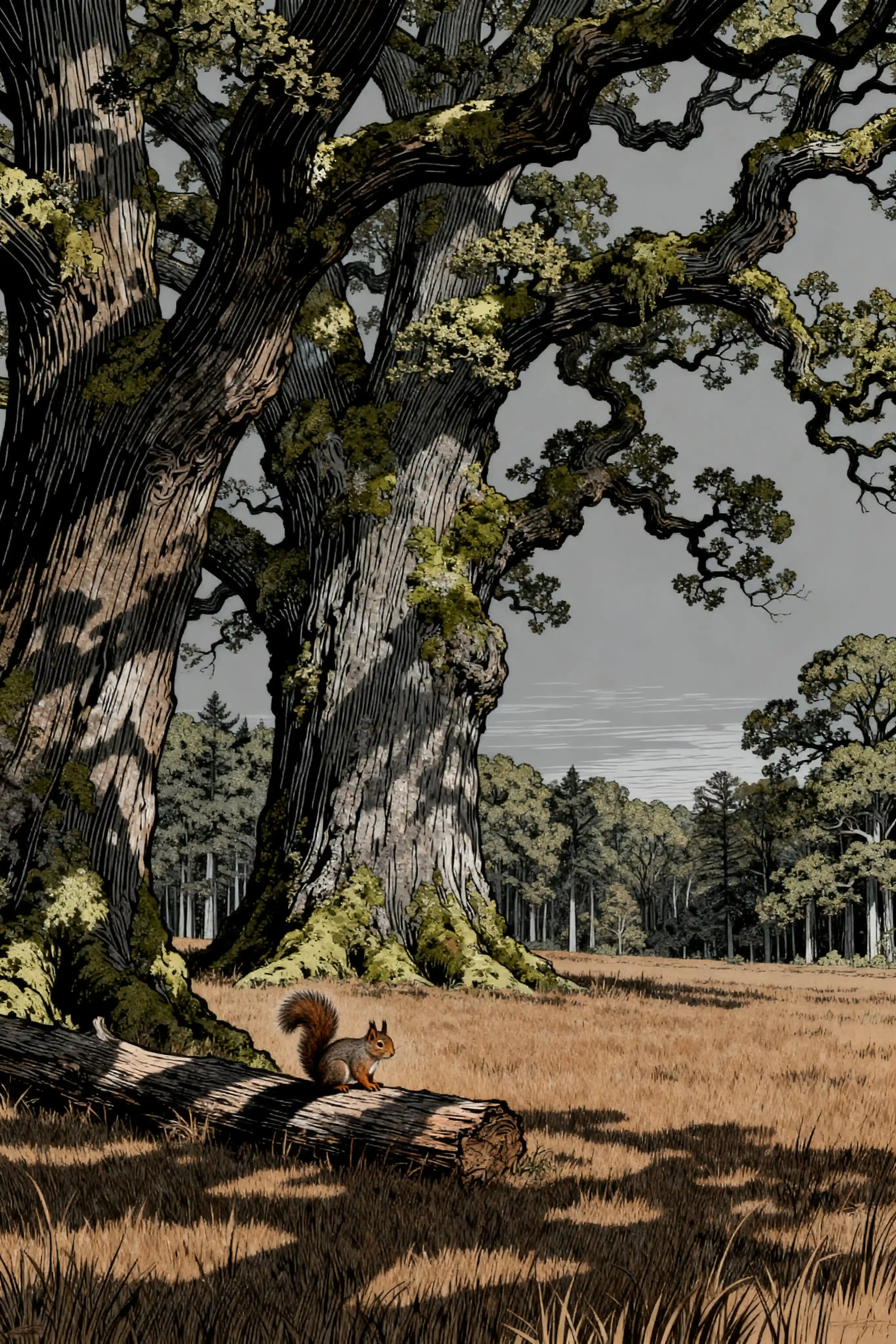 Squirrel On Forest Log In Intricate Line Art Illustration