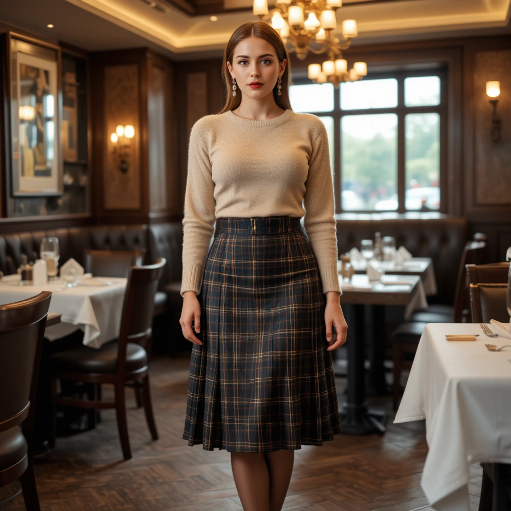 Donna in kilt e tacchi alti in un ristorante illuminato