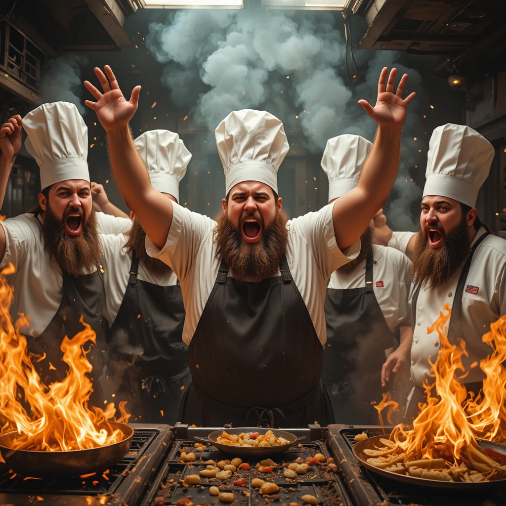 Chefs irritados gritando em uma cozinha caótica em chamas