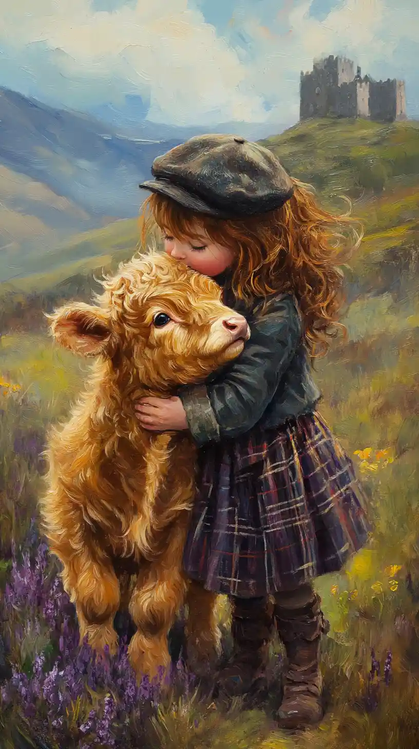 Scottish girl hugging a fluffy highland calf outdoors