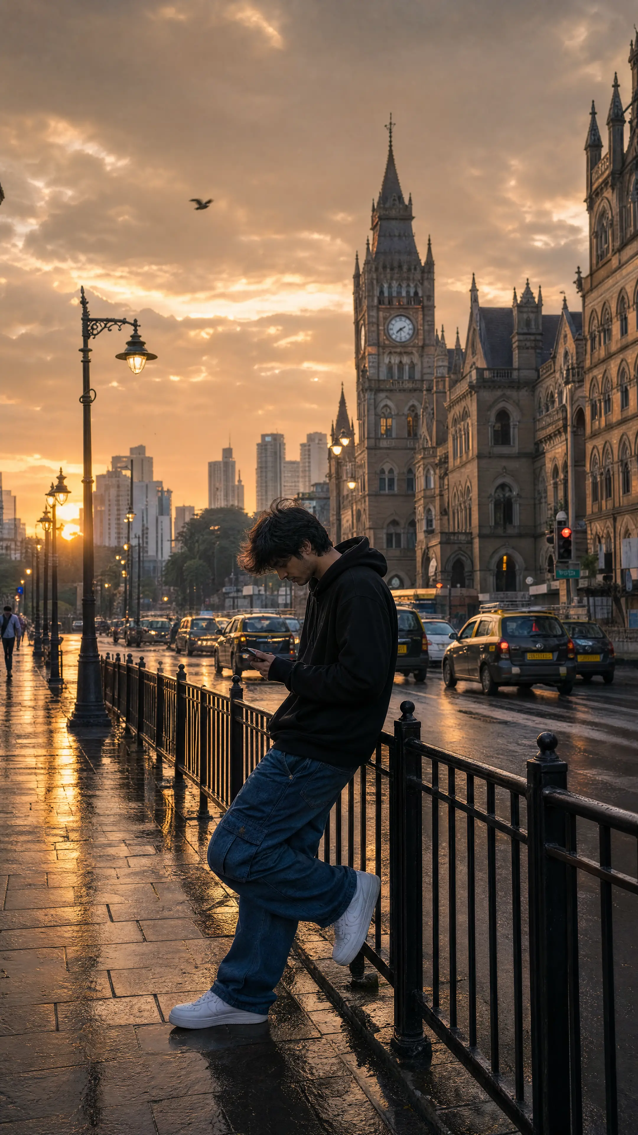 Jeune homme dans une rue pluvieuse de Mumbai au coucher du soleil