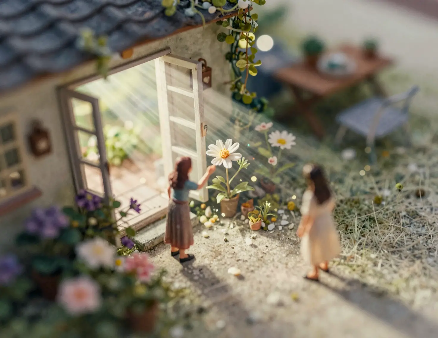 Woman admiring a flower in cinematic high angle view