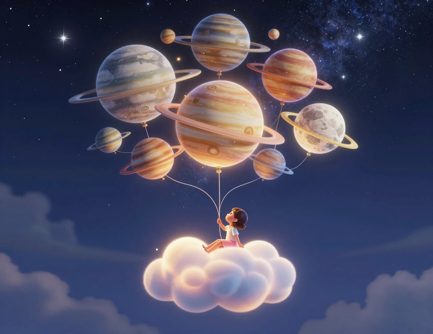 小女孩在夢幻夜空中懷抱發光行星