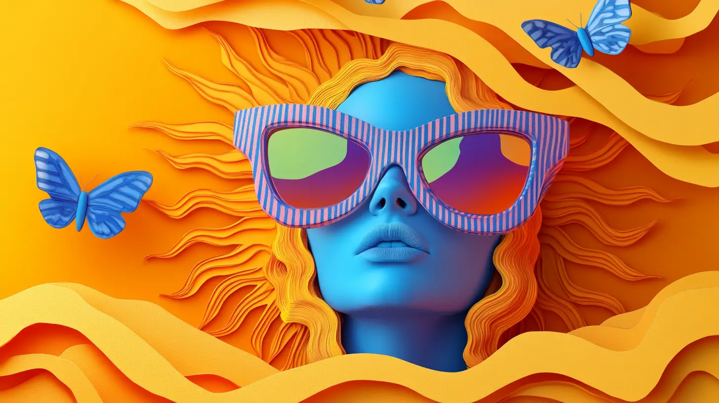 Surreal fashion woman under a gigantic engraved sun