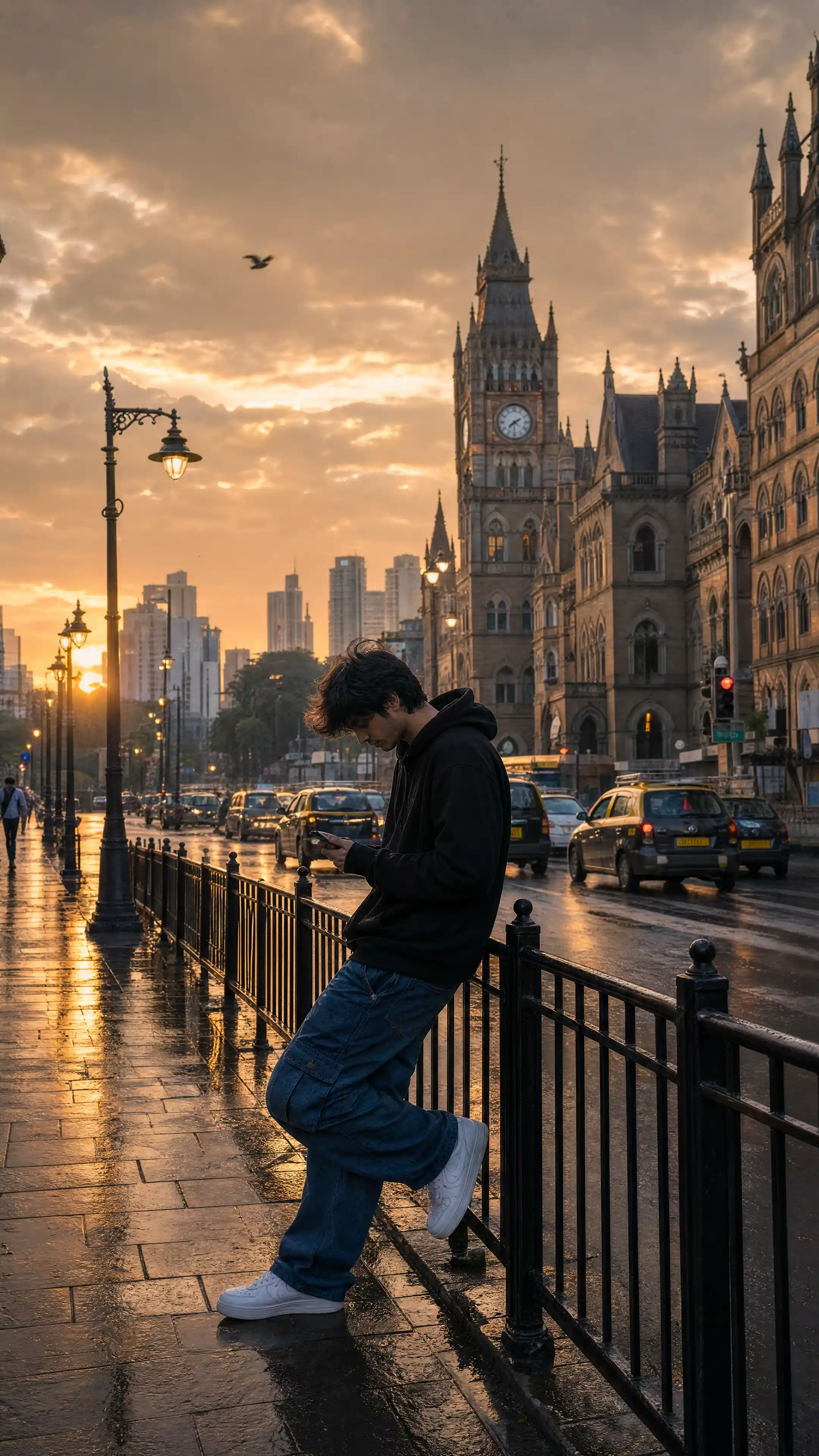 雨中的孟買街頭夕陽下的年輕男子