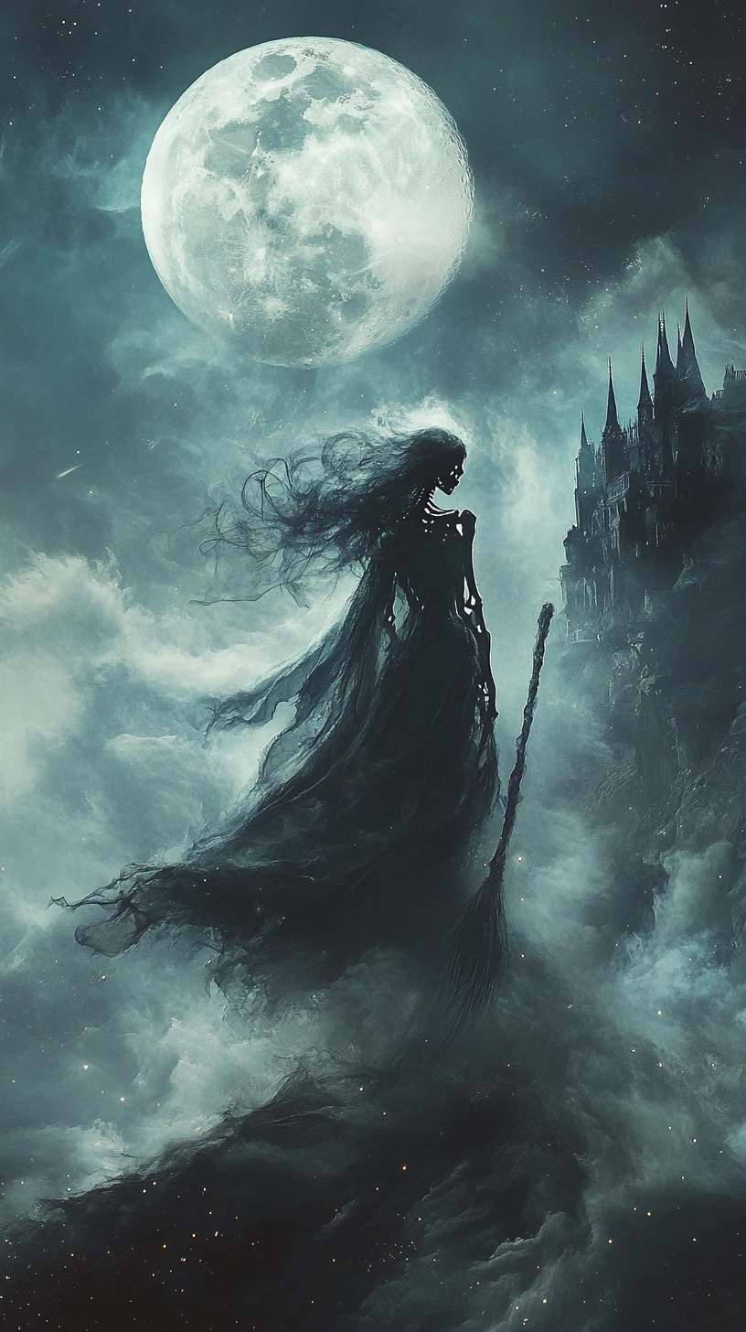 Strega scheletrica che vola nella nebbia davanti a un castello gotico illuminato dalla luna