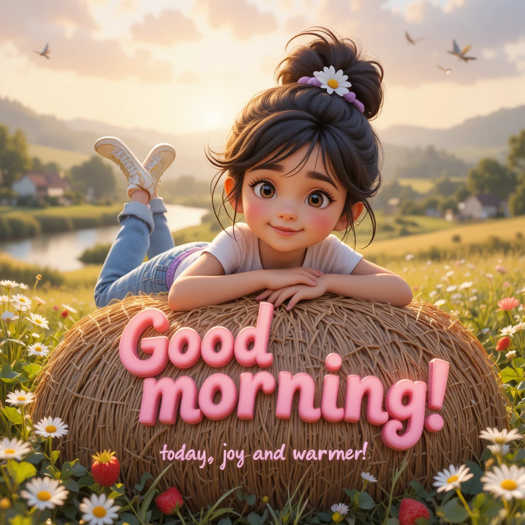 Petite fille sur une botte de foin par un matin ensoleillé à la campagne