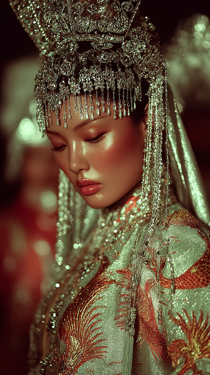 Sposa cerimoniale eterea con corona d’argento e abiti hanfu