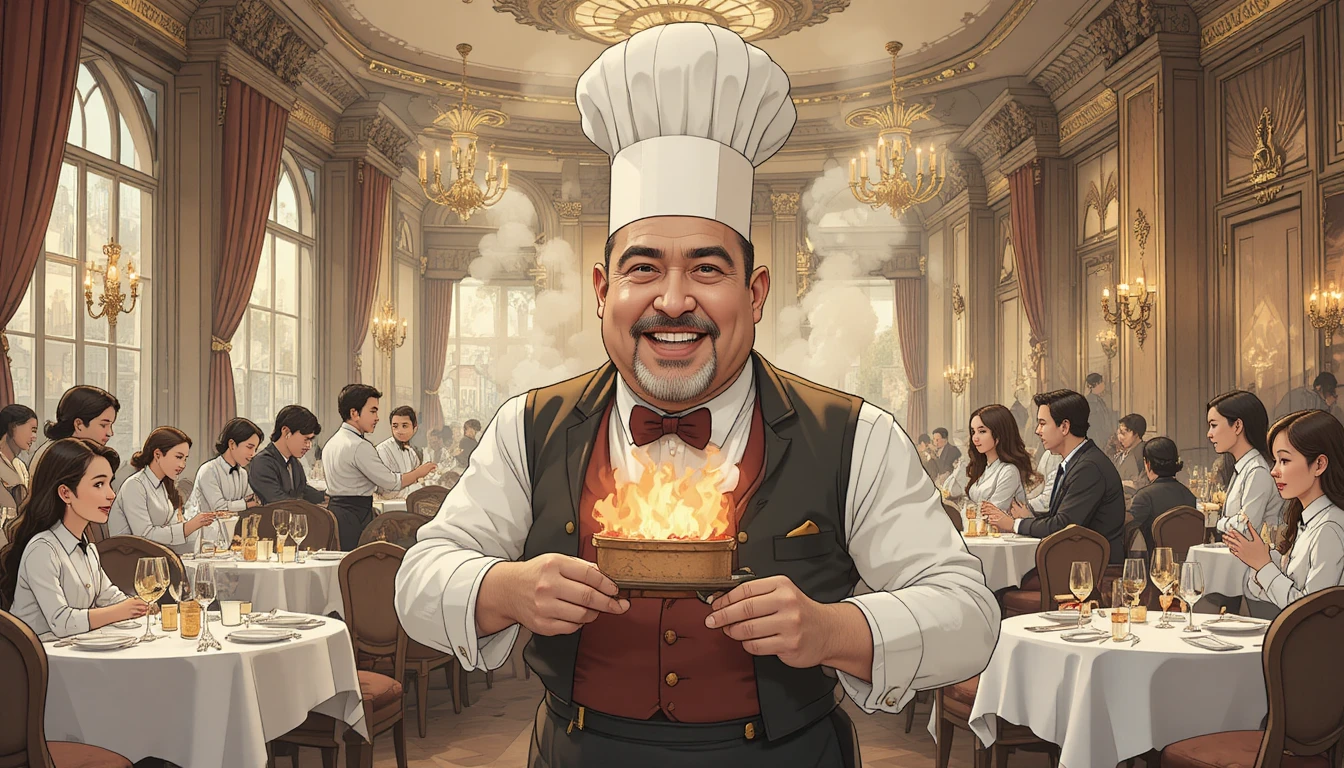 Apresentação elegante de bolo em um movimentado restaurante parisiense