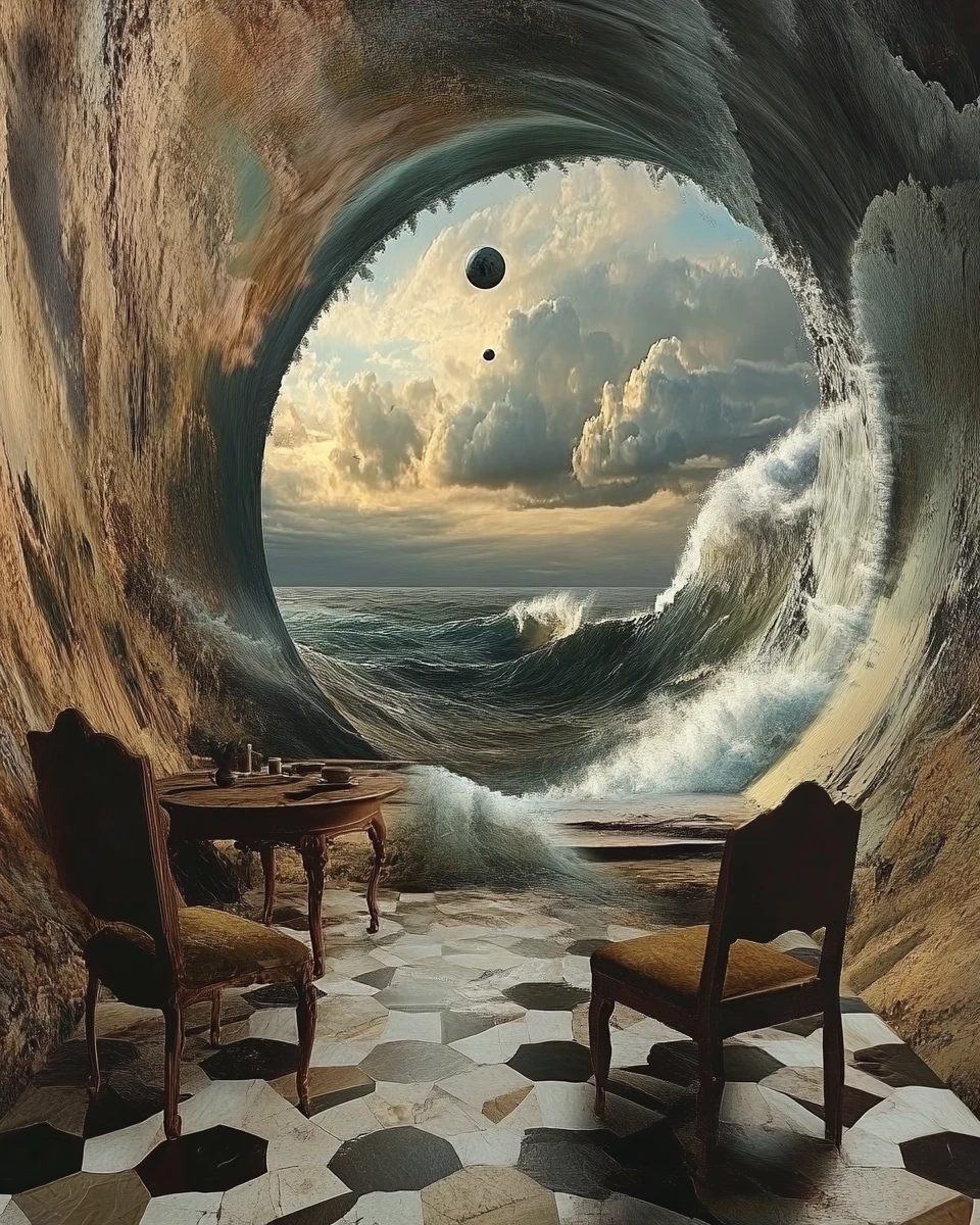 Arte surreal de ilusão de ótica com múltiplas imagens em camadas