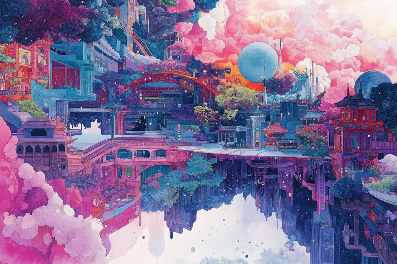 Collage surréaliste mêlant images oniriques d’anime et de K‑pop