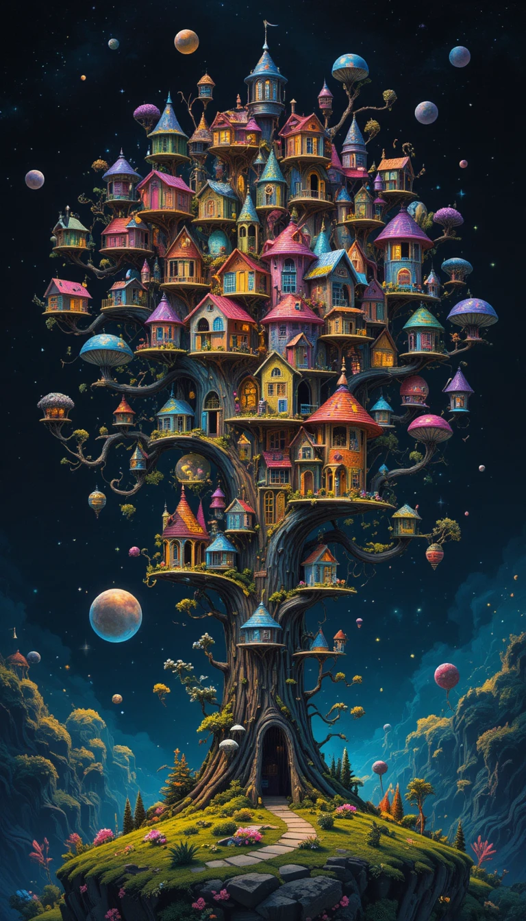 Verspieltes Baumhaus-Dorf in einem lebendigen Fantasy-Baum