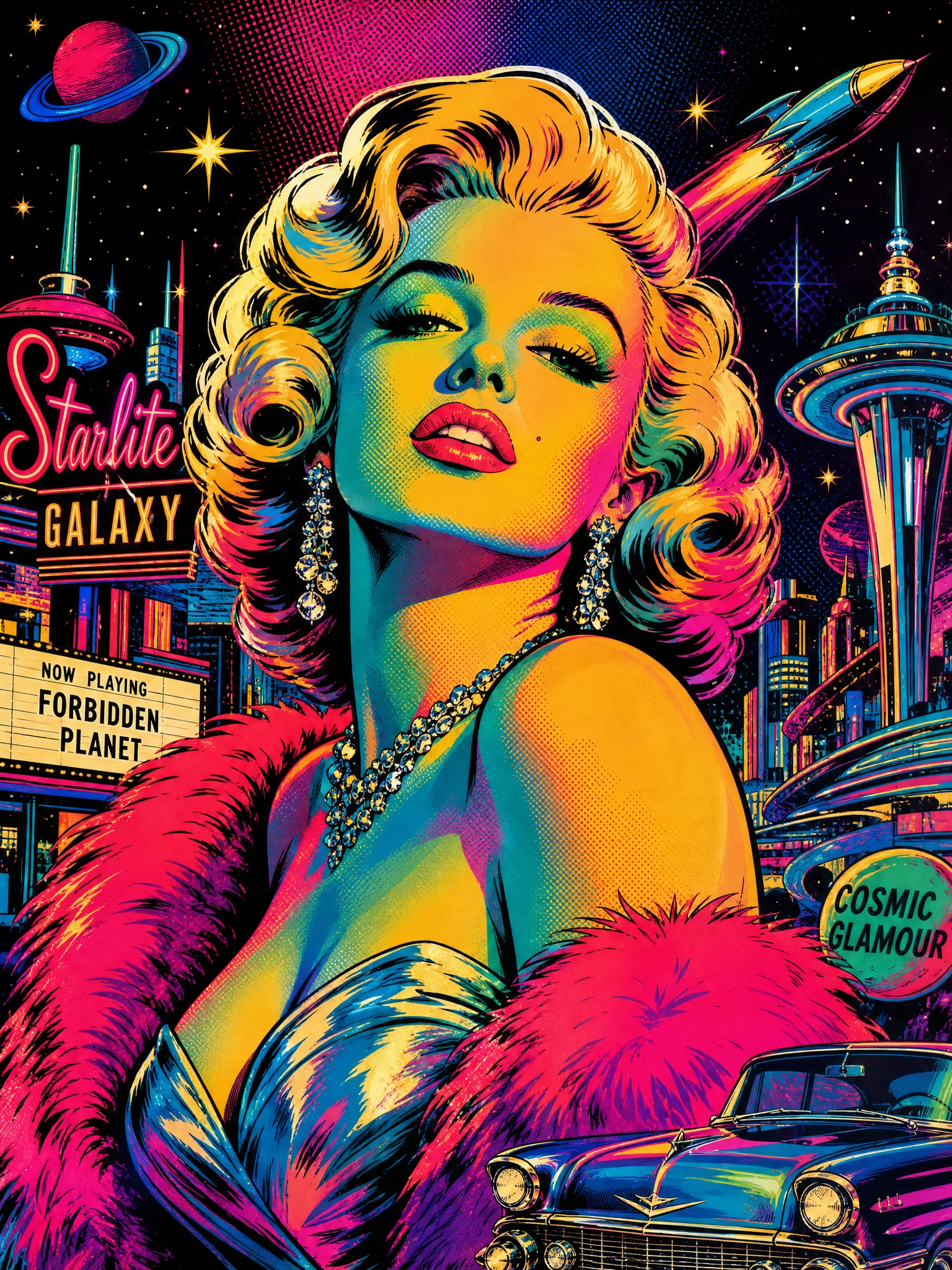 Mulher de Hollywood vintage em um sonho futurista neon