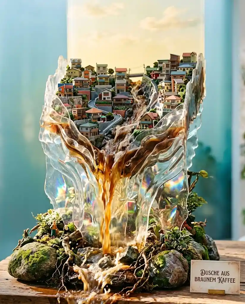Sculpture en plastique translucide d’une cascade de café au-dessus de maisons