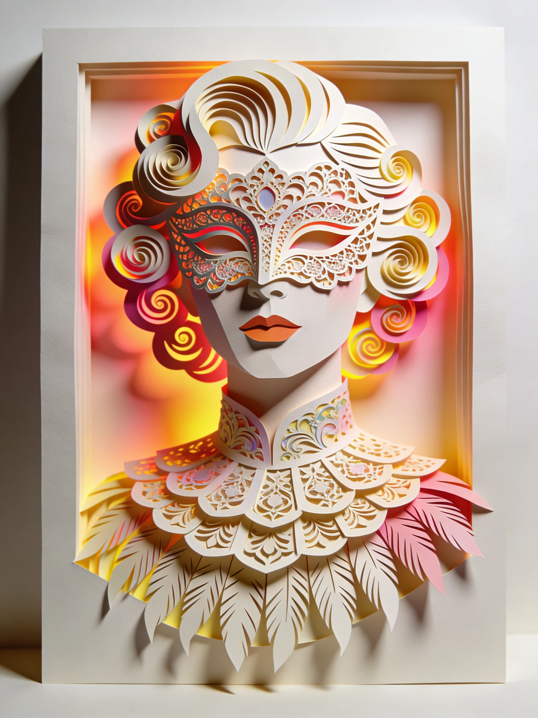 Escultura de papel 3D colorida de um rosto humano ornamental