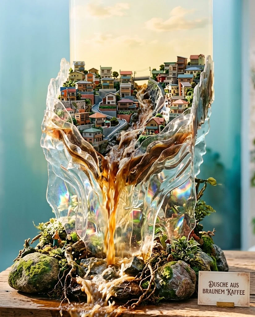 Scultura in plastica traslucida di una cascata di caffè sopra le case