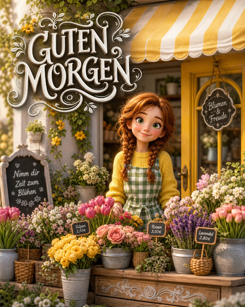 Disney-Pixar-Blumenladen im Morgenlicht mit fröhlicher Begrüßung