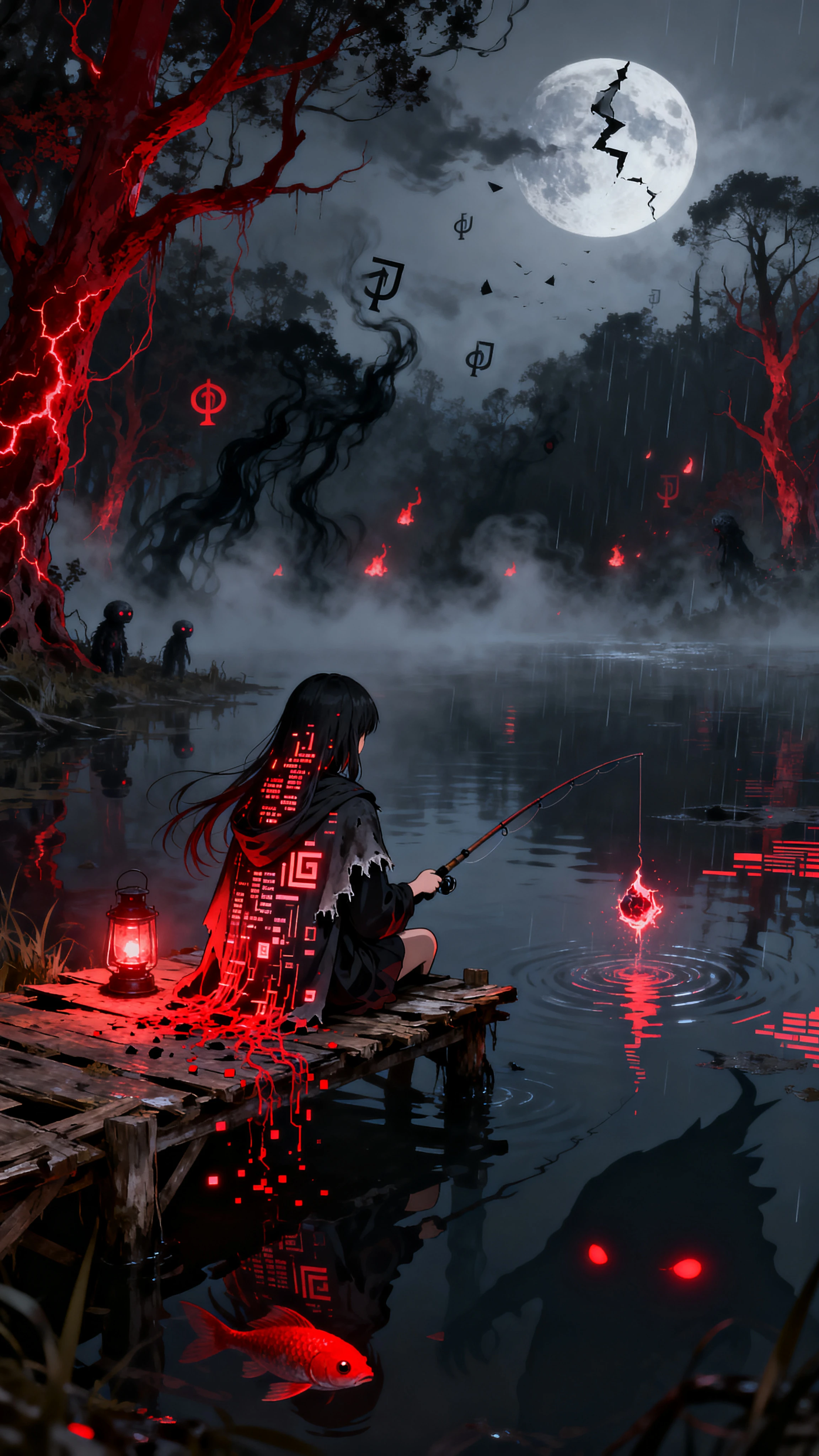 Garota de anime misteriosa pescando em um lago escuro corrompido
