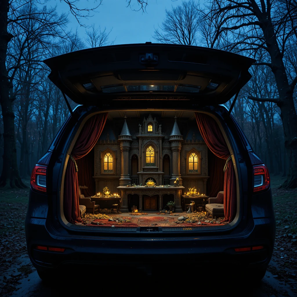 Castelo em miniatura brilhando dentro do porta-malas de um carro de luxo