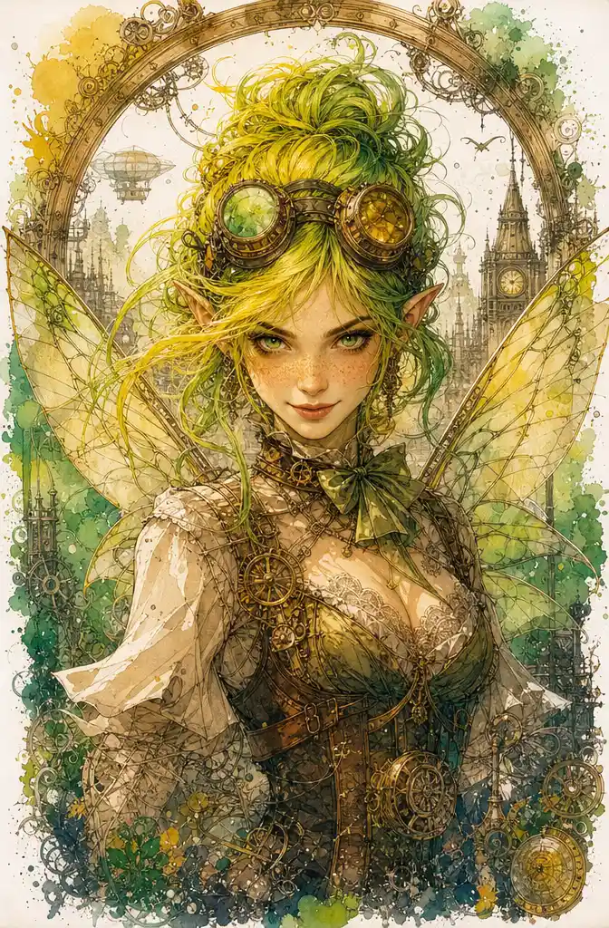 Portrait de fée steampunk aux cheveux citron vert et lunettes en laiton