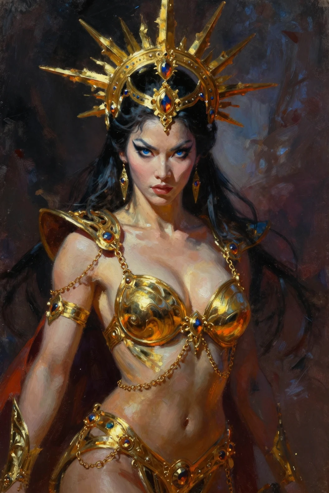 Reine guerrière de fantasy royale en armure dorée à rayons solaires
