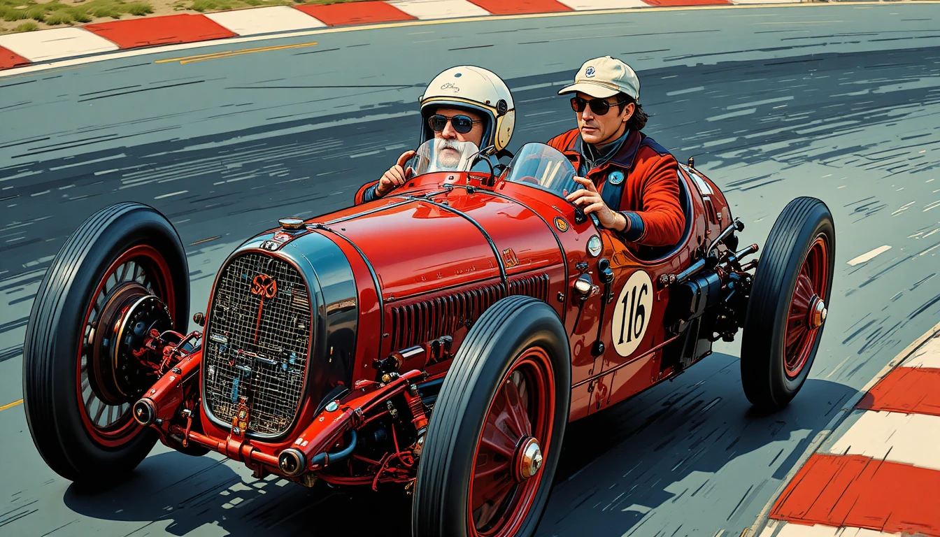 Carro de corrida vermelho vintage com dois pilotos em pista de asfalto