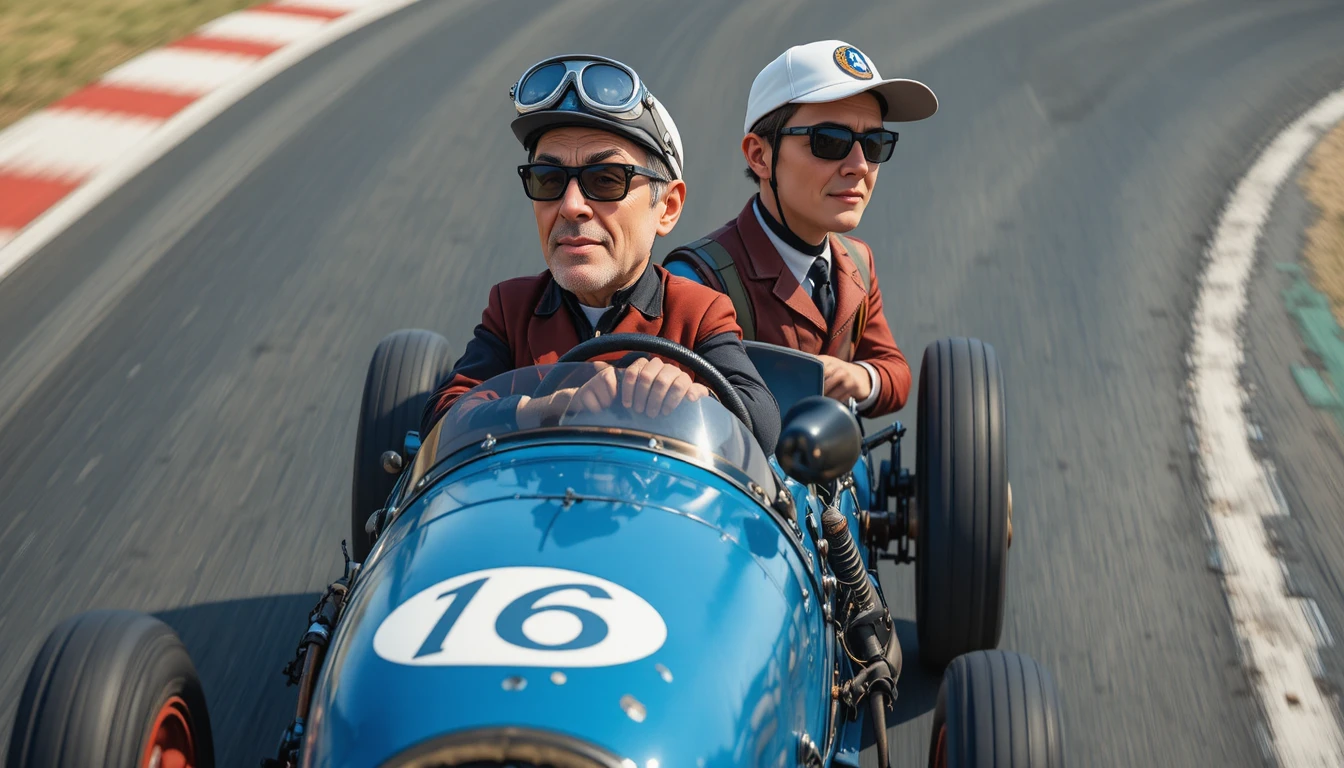 Auto da corsa d’epoca blu con due piloti su pista d’asfalto
