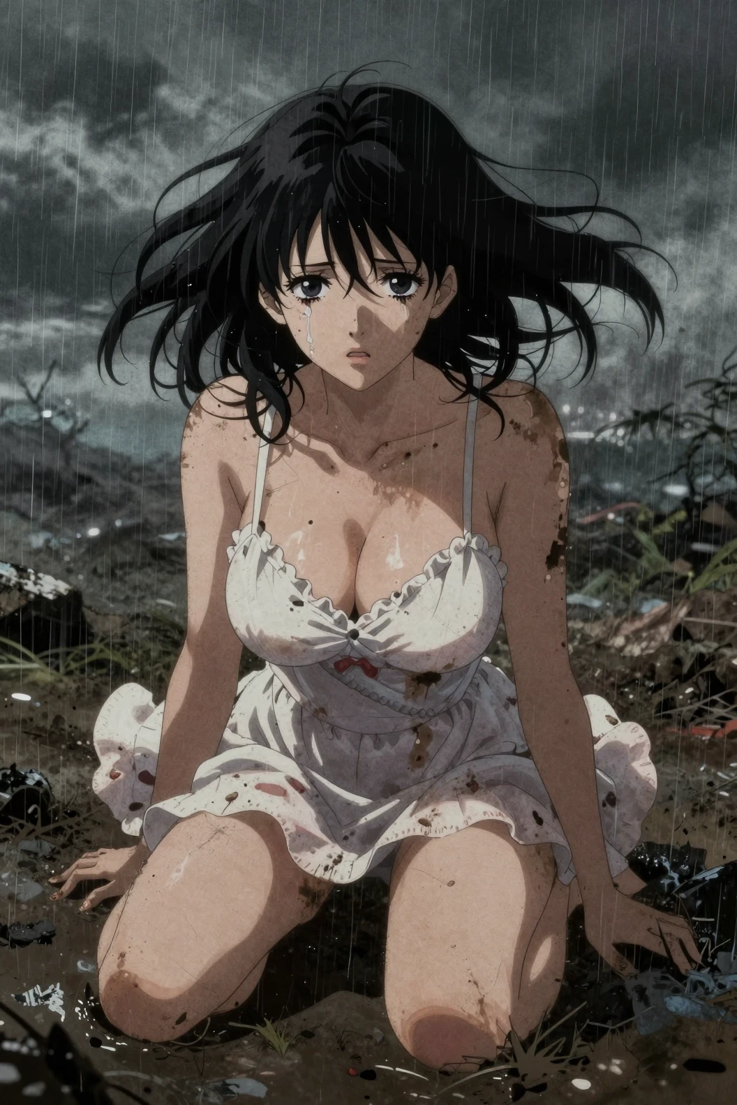 Donna astratta in stile anime con dolce vestito in paesaggio cupo